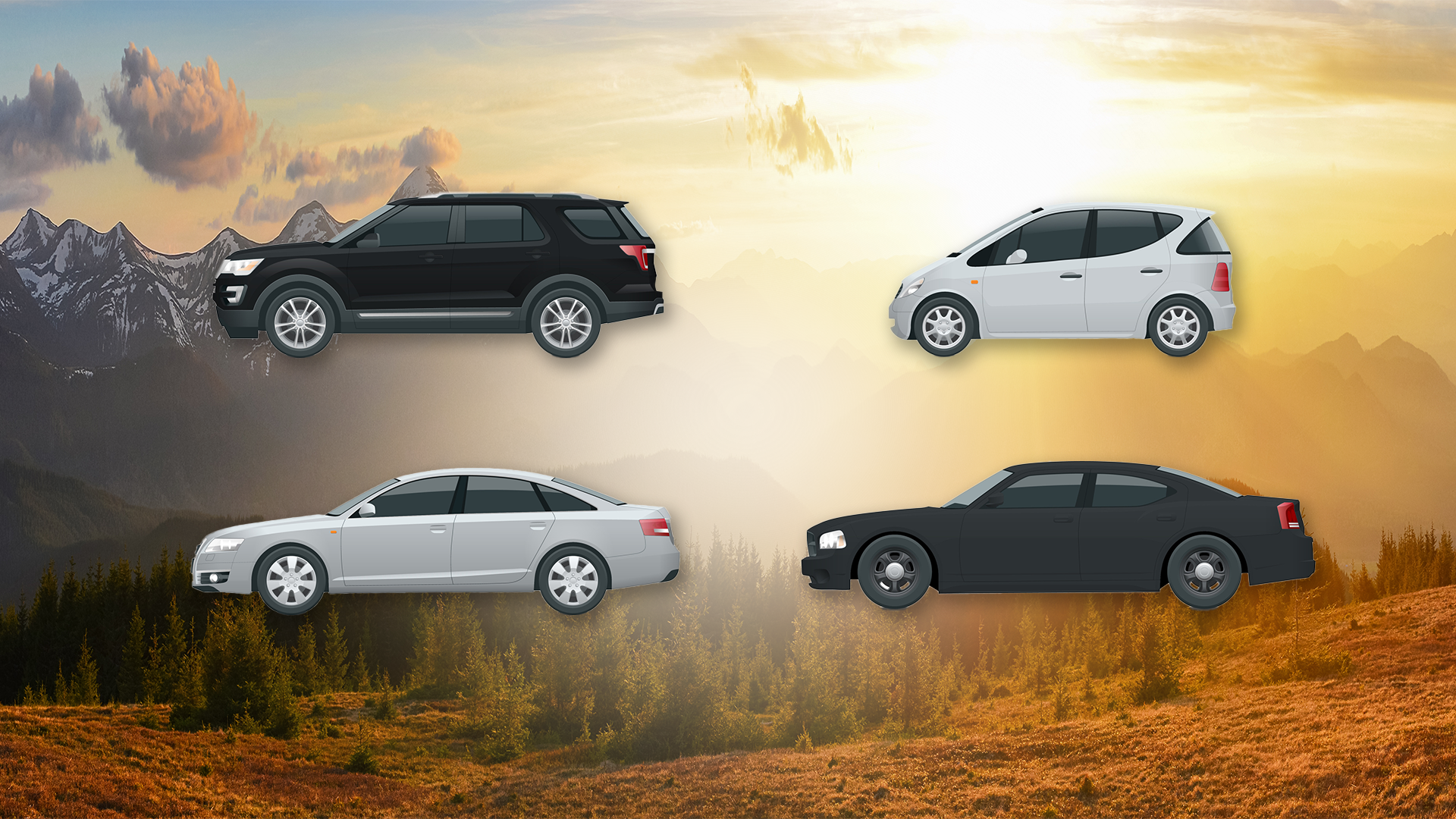 Vehicles overlaid on sunset. 